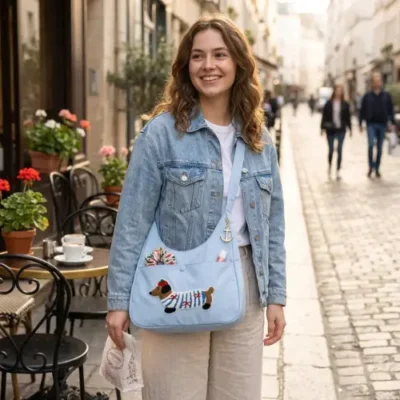 Cherry Dachshund Embroidered Hobo Bag Sky Blue - Shoulder Bag for Women