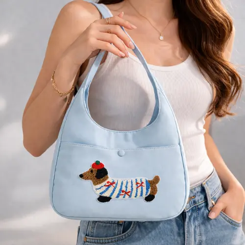 Cherry Dachshund Embroidered Hobo Bag Sky Blue - Shoulder Bag for Women