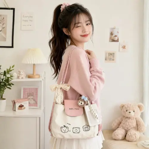 Cherry Dachshund Embroidered Hobo Bag Sky Blue - Shoulder Bag for Women