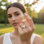 woman wearing 925 sterling silver ring with cubic zirconia showing face and hand