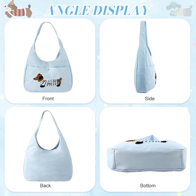 Cherry Dachshund Embroidered Hobo Bag Sky Blue - Shoulder Bag for Women