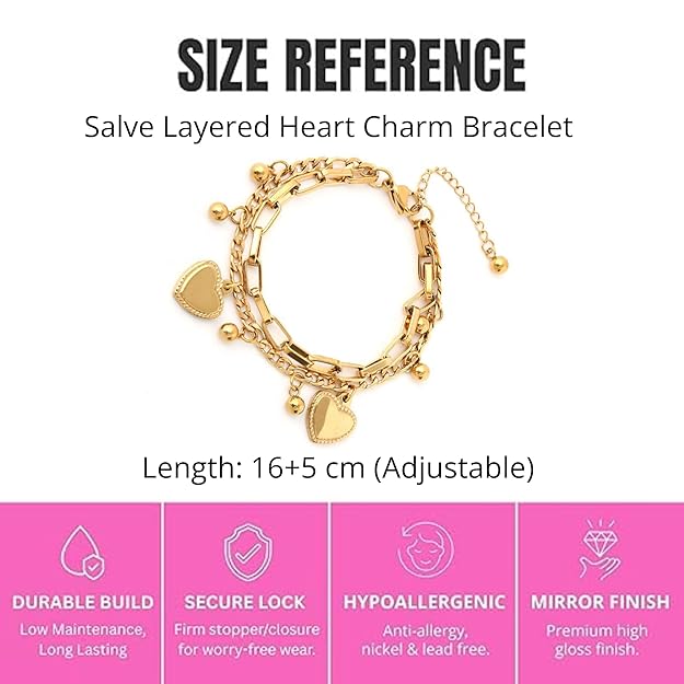 gold heart charm bracelet measurement size guide adjustable fit