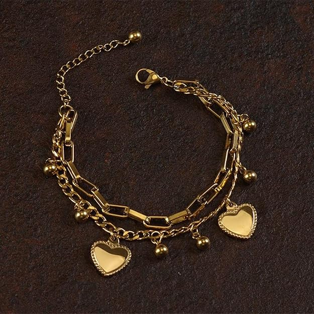 gold layered heart charm bracelet anti tarnish jewellery product view clean background