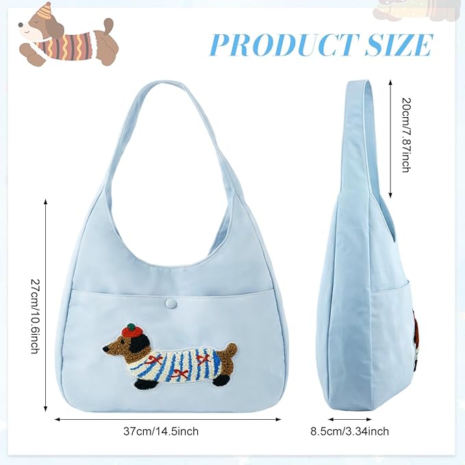Cherry Dachshund Embroidered Hobo Bag Sky Blue - Shoulder Bag for Women