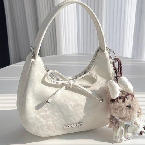 Luvya Coquette Bow Shoulder Bag for Women | Aesthetic Cream Hobo Bag with Plush Charm & Detachable Crossbody Strap – Trendy Y2K Inspired Handbag