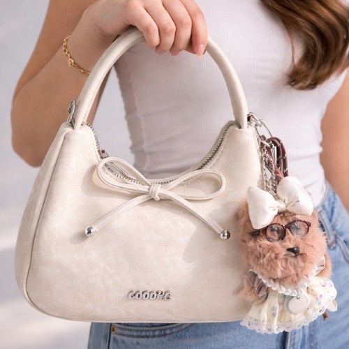Luvya Coquette Bow Shoulder Bag for Women | Aesthetic Cream Hobo Bag with Plush Charm & Detachable Crossbody Strap – Trendy Y2K Inspired Handbag