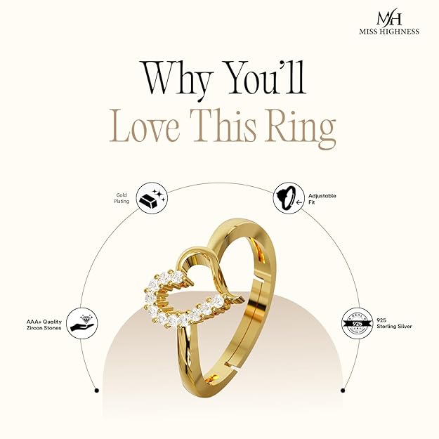 925 Sterling Silver Heart Design Ring for Women & Girls | Adjustable Minimal Jewellery | Available in Silver & Gold Finish
