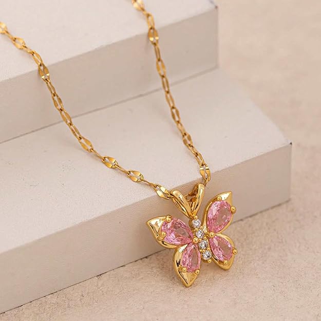 Pink butterfly pendant necklace for women with gold chain, aesthetic coquette jewelry for girls, stainless steel anti tarnish necklace