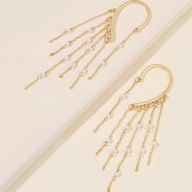 side angle of gold pearl ear cuffs tassel earrings stylish design