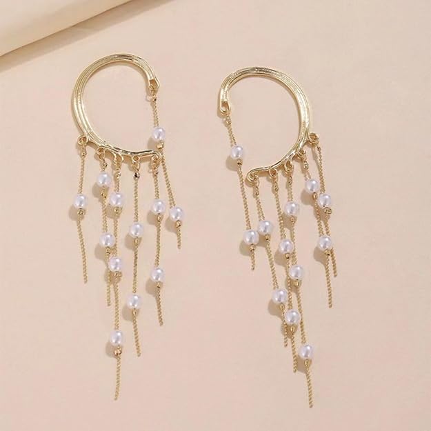 gold pearl ear cuffs with tassel dangle earrings product view clean background