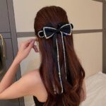 large bow hair clip with rhinestone and long ribbon tassel