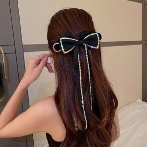 large bow hair clip with rhinestone and long ribbon tassel