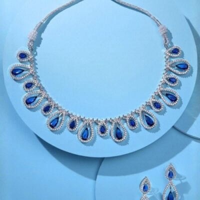 blue stone rhodium jewellery set on aesthetic background elegant necklace earrings set