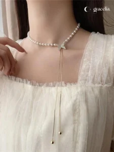pearl choker necklace with star pendant and long tassel chain for women