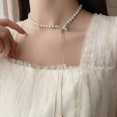 pearl choker necklace with star pendant and long tassel chain for women