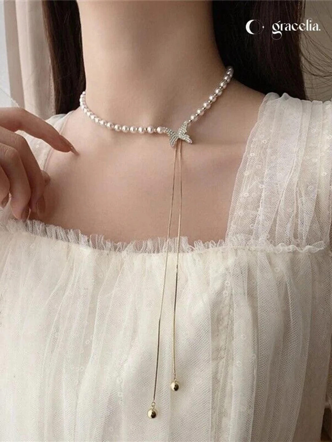 pearl choker necklace with star pendant and long tassel chain for women